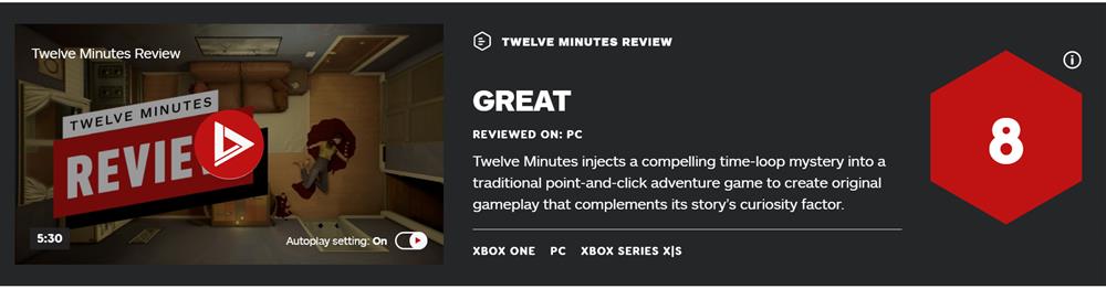 《十二分钟》媒体评价出炉  IGN 8分 GameSpot 9分