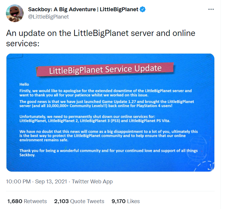 索尼宣布《小小大星球》在线服务将永久关闭