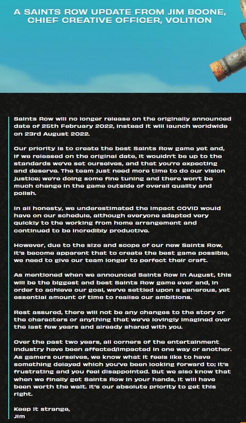 《黑道圣徒：重启版》宣布跳票 2022年8月23日发售
