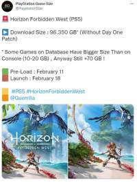 PS5版《地平线：西部禁域》文件高达96G 将于2月11日预载..