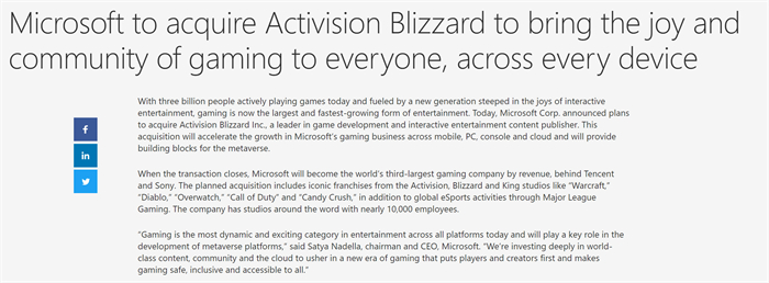 微软687亿美元收购动视暴雪  将成为全球第三大游戏公司