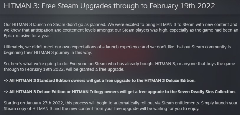 《杀手3》开发商公布Steam玩家补偿  免费升到豪华版