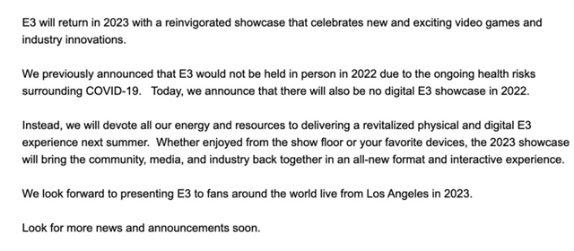 E3 2022电子娱乐展宣布取消  也无线上活动