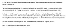 E3 2022电子娱乐展宣布取消也无线上活动
