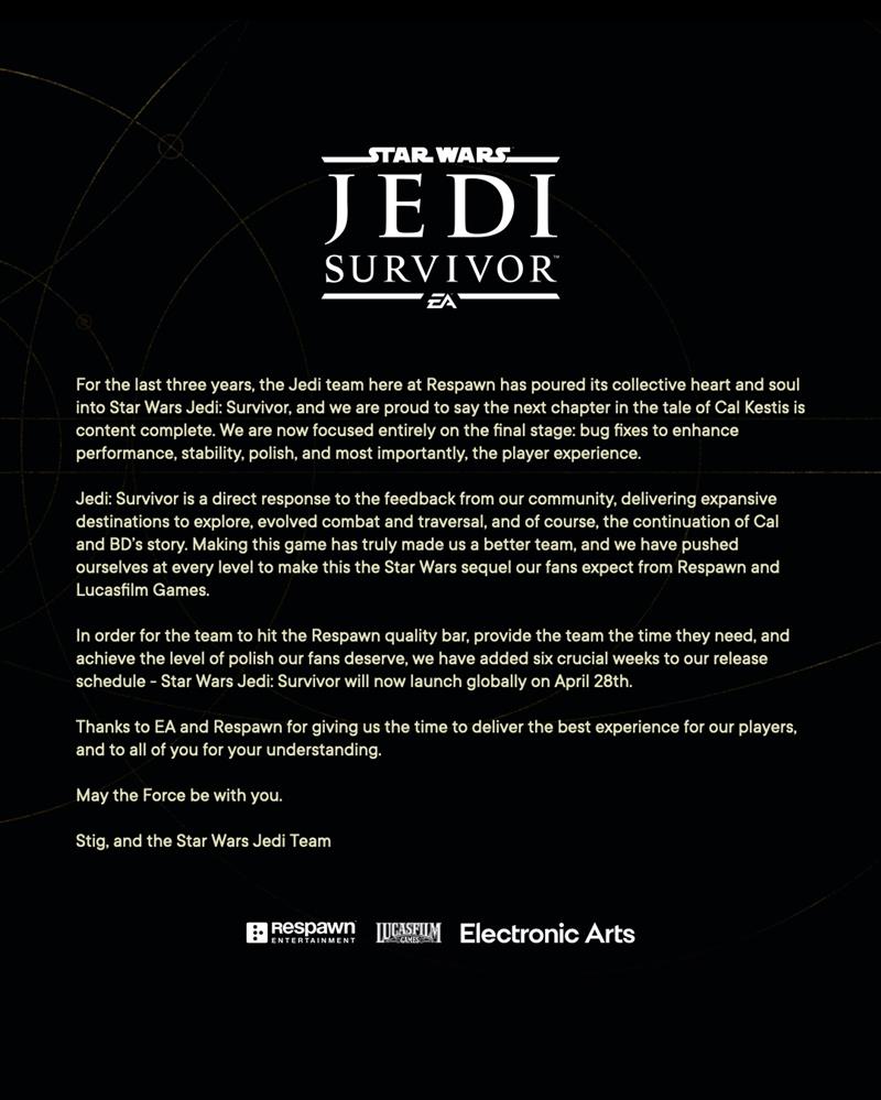 《星球大战绝地：幸存者》宣布跳票至4月28日发售