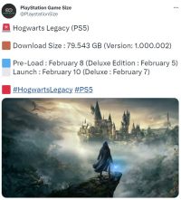 《霍格沃茨：遗产》PS5版预载时间关闭容量大小为79.543GB..