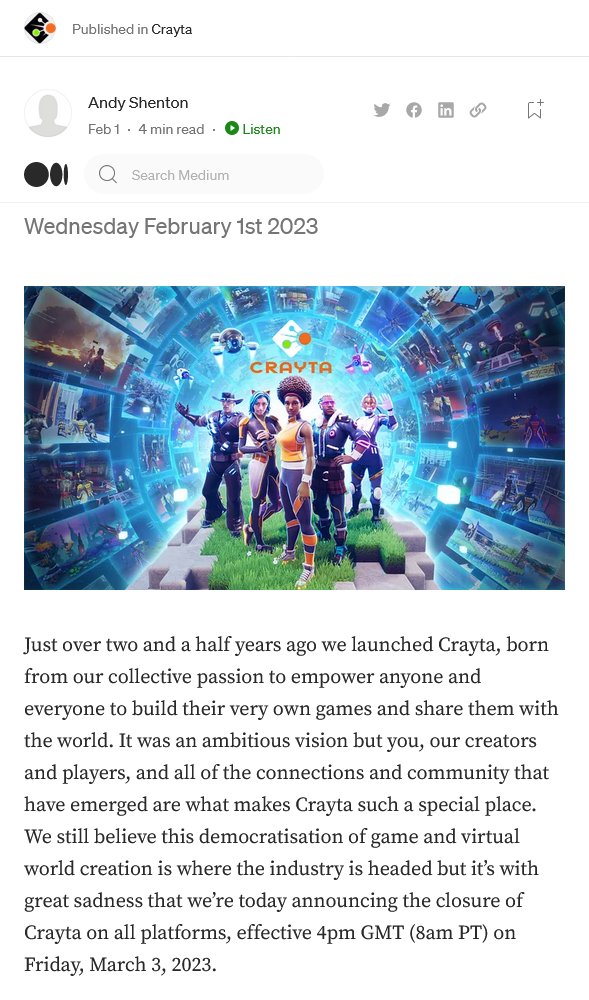 免费游戏合创平台《Crayta》将于3月3日下线